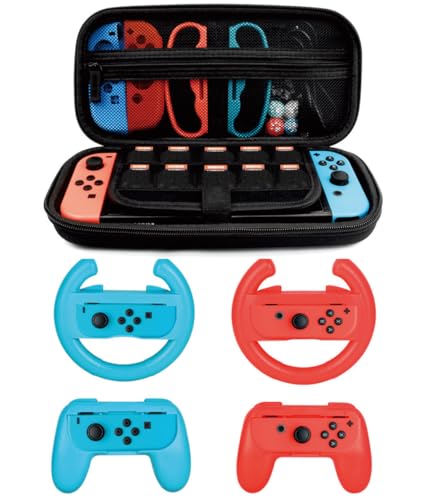 Zubehör-Set für Nintendo Switch Games Starter, 2 x Lenkrad, 2 x Griffset, 1 x Reise-Tragetasche (5-in-1 rot/blau) von Laimax