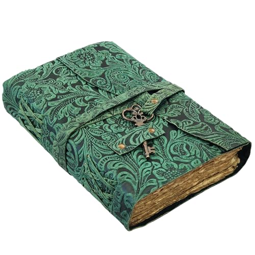 Geprägtes Leder-Tagebuch mit antiken Schlüsseln, Vintage-Seiten, handgefertigtes Tagebuch, Leder-Skizzenbuch, Notizblock, Reisetagebuch, Schattenbuch, Ledergrimoire (A Green, 7x5 Inch) von Lakecity Leather Craft