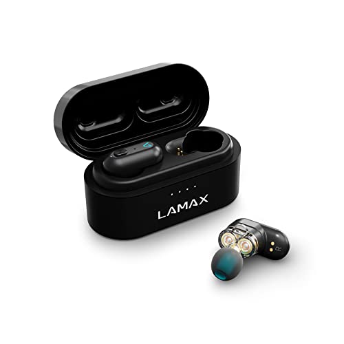 Lamax Duals1 Bluetooth Kopfhörer 5.0 USB-C, In Ear Kopfhörer mit Dual-Treiber, Bis zu 28 Stunden Hördauer, Aluminiumgehäuse mit Batterieanzeige, 3 Stöpselgrößen, Passive Geräuschunterdrückung von Lamax