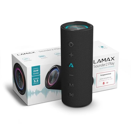 Lamax Sounder2 Play Bluetooth Lautsprecher, 24 Stunden Hörvergnügen, Hervorragende 24 W Leistung, Visuelle Effekte, Bluetooth 5.3, IP67 Wasserbeständigkeit, Mikrofon für Anrufe von Lamax