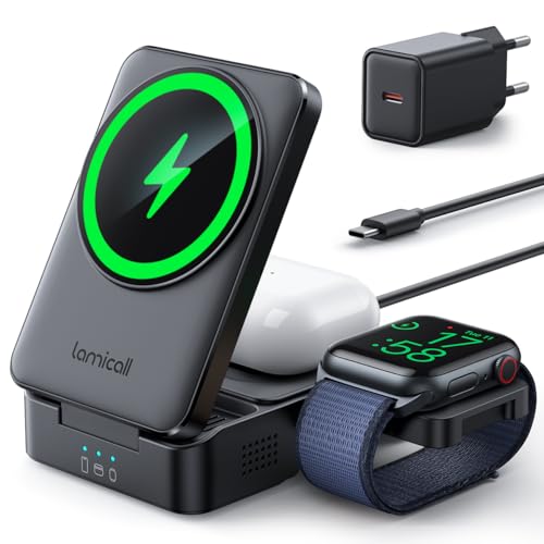 Lamicall 3 IN 1 Ladestation für MagSafe Ladegerät - [Faltbar & Tragbar] Kabellose induktive Ladestation Apple Watch und iPhone, Reisen Wireless Charger für iPhone 16/15/14/13 Pro Max Plus, AirPods von Lamicall