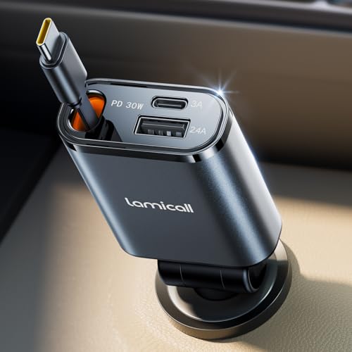 Lamicall 3 IN 1 Zigarettenanzünder USB C Auto Ladegerät - [Super Kompakt] 50W USB Adapter Auto Schnellladegerät mit einziehbarem Typ-C Kabel/USB C/USB A, 24V/12V KFZ Ladegerät Auto für iPhone, Samsung von Lamicall