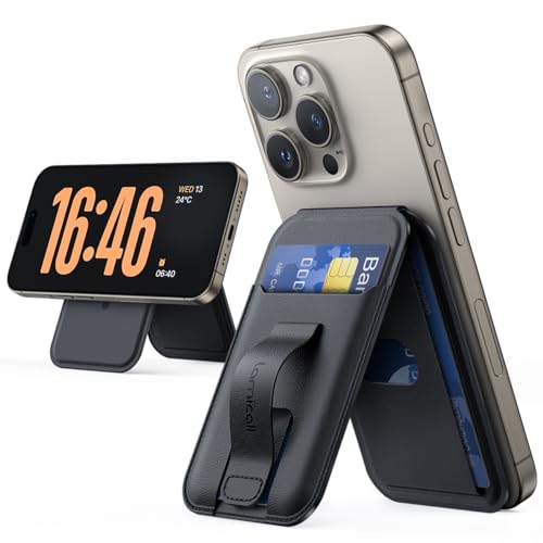 Lamicall Handy Kartenhalter für MagSafe Wallet - Finger Griff Design, Vegan Leder Verstellbar Ständer, Leicht Karten Halter für 3 Karten, Magnetisch Wallet Halter für iPhone 16 15 14 13 Pro Max Plus von Lamicall