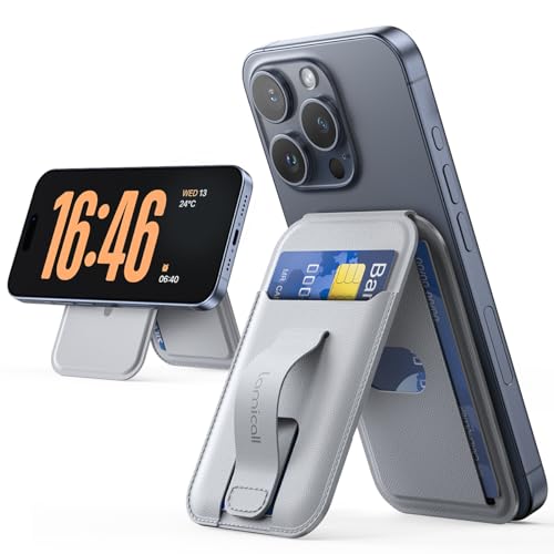 Lamicall Handy Kartenhalter für MagSafe Wallet - Finger Griff Design, Vegan Leder Verstellbar Ständer, Leicht Karten Halter für 3 Karten, Magnetisch Wallet Halter für iPhone 16 15 14 13 Pro Max Plus von Lamicall