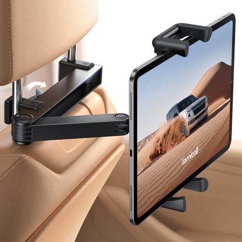 Lamicall Tablet Halterung Auto Kopfstütze - [Doppelt Faltbares Design] Tablethalterungen Auto mit Abschließbarer Alu-Arm, Ausziehbare KFZ Tablet Autohalterung für iPad, 6,1-13 Zoll Geräte & Smartphone von Lamicall
