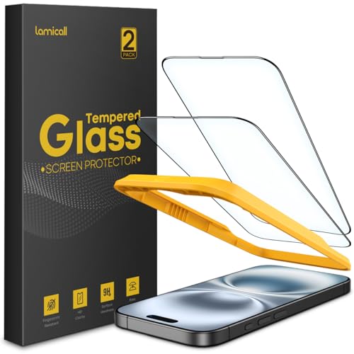 Lamicall für iPhone 16 / iPhone 15 für Schutzfolie, [2 Stück] Schutzglas - Anti-Fingerprint Displayschutz mit Montagerahmen, 9H Härte Folie, Kratzfest Glas für iPhone 16/15 von Lamicall