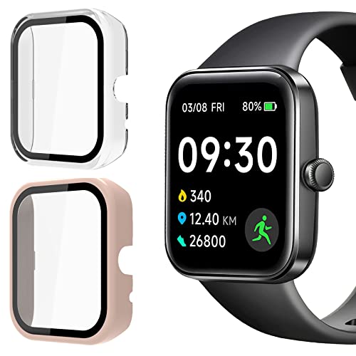 Kompatibel mit SKG V7 Hülle, Lamshaw harte PC-Hülle mit Displayschutzfolie aus gehärtetem Glas, kompatibel mit SKG V7 1,7 Zoll Smart Watch (2 Stück, rosa + transparent) von Lamshaw
