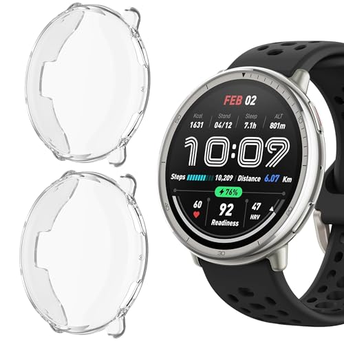 Lamshaw Schutzhülle für Amazfit Active 2, Rundumschutz, TPU-Stoßfängerabdeckung, Displayschutzfolie, kompatibel mit Amazfit Active 2 Smartwatch 44 mm (2 Stück, transparent + transparent) von Lamshaw