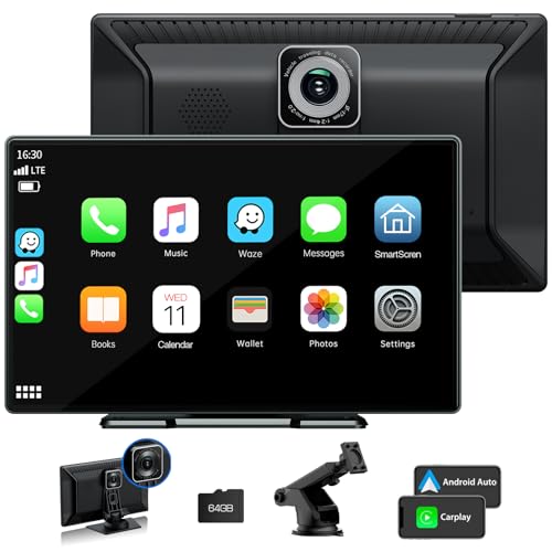 Lamto Wireless Autoradio für Apple Carplay & Android Auto, 9 Zoll Tragbares Carplay mit 2,5K-Dashcam,Tragbare Auto-Audioempfänger mit Loop-Aufnahme/Bluetooth/GPS/Sprachassistent/Mirror Link/AUX/FM/64G von Lamto