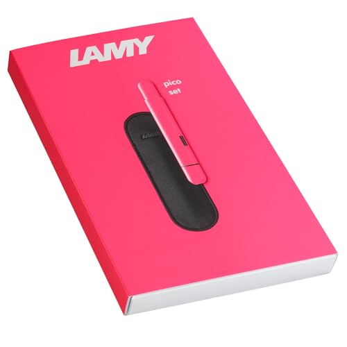 Lamy pico neon pink Kugelschreiber Geschenk Set - Innovativer Pocket Pen Kuli – 1 Klick für Full-Size – Gehäuse aus Metall & Strichbreite M – inkl. Echtleder-Etui & Compactmine M 22 in schwarz von Lamy