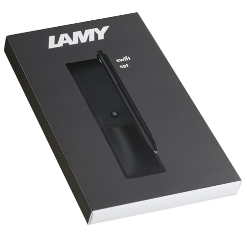 Lamy swift Palladium Tintenroller Geschenk Set – Tintenroller mit flüssigem Schreibgefühl – Gehäuse aus Ganzmetall in Strichbreite B – inkl. Tintenrollermine M 66 in blau & Echtleder-Etui von Lamy
