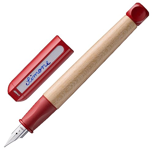 LAMY abc kindgerechter Schreiblernfüller 010 aus Ahornholz und rutschfestem Griffstück in rot, polierte Stahlfeder Federstärke F, inkl. Tintenpatrone LAMY T 10 blau von Lamy