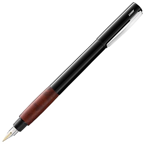 LAMY accent Füllhalter 098 – Füller im schwarzen, hochglänzenden Lack-Finish mit austauschbarem Griffstück aus Bruyère-Holz und 14 Kt. Goldfeder, partiell platiniert – Federstärke M von Lamy