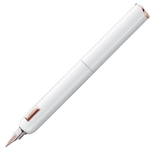 LAMY dialog cc Füllhalter 081 in weißem Lack-Finish mit Drehmechanik, 14 Kt. Bicolor Roségoldfeder in M, inkl. 5er Päckchen LAMY T 10 Patrone blau, Konverter Z 27 und Leder-Stecketui von Lamy
