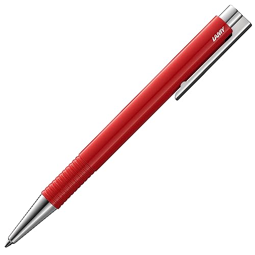 LAMY logo M+ Kugelschreiber 204 aus bruchfestem Kunststoff in der Farbe rot mit verchromter Spitze und Drücker, inkl. Großraummine LAMY M 16 Strichbreite M in blau von Lamy