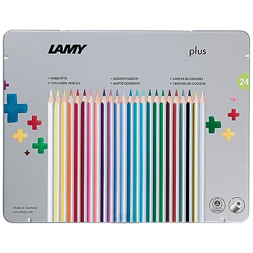 LAMY plus Farbstifte 530 24er-Set: Metallbox mit 24 Farbstiften aus hochwertigem Zedernholz mit ergonomischer Dreieckform und hoher Farbbrillanz - Dicke Mine Ø 4 mm von Lamy