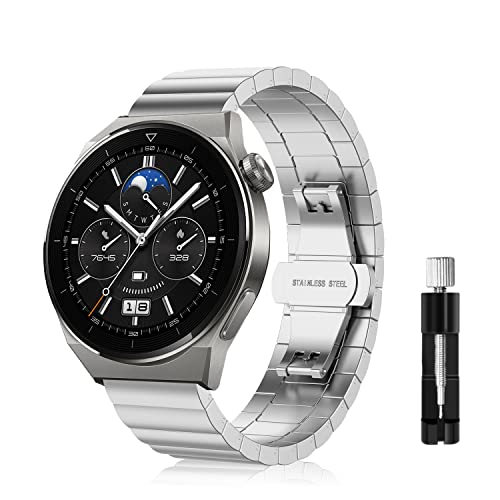 LanQii 22MM Armband Kompatibel mit Garmin Forerunner 265/Forerunner 255/Vivoactive 4/Venu 2, Edelstahl Metall Ersatz Uhrenarmband für Huawei Watch 4 Pro/Watch 4/Watch Ultimate/Watch Buds -Silber von LanQii