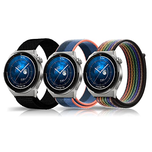 LanQii 22MM Nylon Armband Kompatibel mit Huawei Watch 4 Pro/Huawei Watch 4/Watch Ultimate/Watch Buds, Klettverschluss Ersatzarmband für Xiaomi Mi Watch/Watch S1/Watch S1 Active Schwarz/Blau/Regenbogen von LanQii