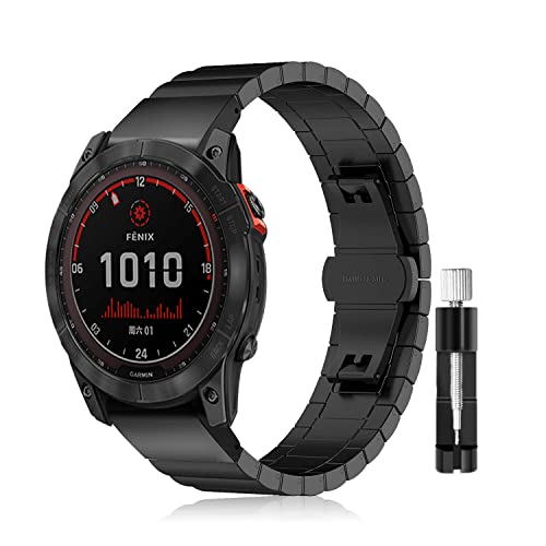 LanQii 26mm QuickFit Metall Armband für Garmin Tactix 8 51mm/Enduro 3/2/1/Descent Mk3i/Mk2i/Mk2/Mk1, Edelstahl Ersatzarmband für Garmin Fenix 8 51mm/7X Pro Solar/7X/6X/6X Pro/5X/5X Puls - Schwarz von LanQii