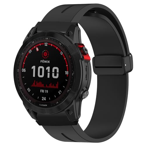 LanQii 26mm QuickFit Silikon Armband Kompatibel mit Garmin Fenix 7X Pro Solar/Fenix 7X/6X/5X/Fenix 6X Pro, Sport Ersatzarmband Magnetverschluss Uhrenarmbänder für Descent Mk2/MK1/Tactix Delta -Schwarz von LanQii