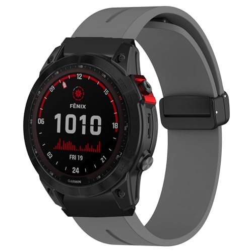 LanQii 26mm QuickFit Silikon Armband Kompatibel mit Garmin Fenix 7X Pro Solar/Fenix 7X/6X/5X/Fenix 6X Pro, Sport Ersatzarmband Magnetverschluss Uhrenarmbänder für Descent Mk2/MK1/Tactix Delta -Grau von LanQii