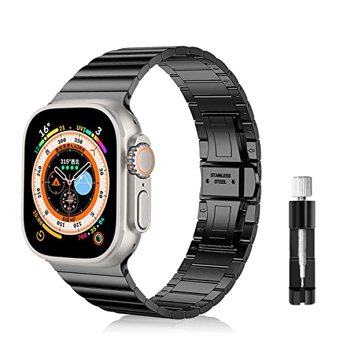 LanQii Armband Kompatibel mit Apple Watch Ultra/Ultra 2 49mm, für iWatch 49/45/44/42mm, Edelstahl Metall Ersatz Uhrenarmband Ersatzarmbänder für Apple Watch SE/SE 2/Series 9/8/7/6/5/4/3/2/1 -Schwarz von LanQii