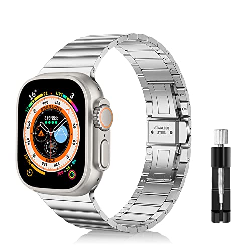 LanQii Armband Kompatibel mit Apple Watch Ultra/Ultra 2 49mm, für iWatch 49/45/44/42mm, Edelstahl Metall Ersatz Uhrenarmband Ersatzarmbänder für Apple Watch SE/SE 2/Series 9/8/7/6/5/4/3/2/1 -Silber von LanQii