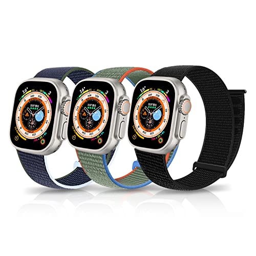 LanQii Armband Kompatibel mit Apple Watch Ultra/Ultra 2 49mm, iWatch 49/45/44/42mm, Nylon Klettverschluss Geflochtenes Ersatzarmband für iWatch SE/SE 2/Series 9/8/7/6/5/4/3/2/1 Schwarz+Blau+Olivgrün von LanQii