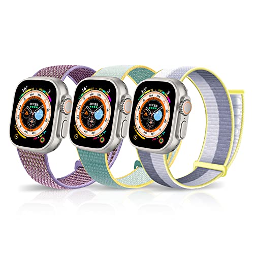 LanQii Armband Kompatibel mit Apple Watch Ultra/Ultra 2 49mm, iWatch 49/45/44/42mm, Nylon Klettverschluss Geflochtenes Ersatzarmband für iWatch SE/SE 2/Series 9/8/7/6/5/4/3/2/1 Weiß+Grau/Violett/Grün von LanQii