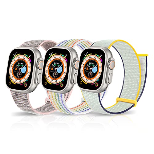 LanQii Armband Kompatibel mit Apple Watch Ultra/Ultra 2 49mm, iWatch 49/45/44/42mm, Nylon Klettverschluss Geflochtenes Ersatzarmband für iWatch SE/SE 2/Series 9/8/7/6/5/4/3/2/1 Rosa+Weiß+Regenbogen von LanQii