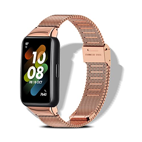 LanQii Armband Kompatibel mit HUAWEI Band 7, Edelstahl Metall Milanese Armbänder Ersatzarmband Damen/Herren für HUAWEI Band 7 (Roségold) von LanQii