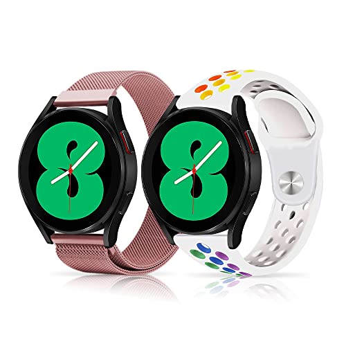 LanQii Armband Kompatibel mit Samsung Galaxy Watch 6 Classic 43mm 47mm/Galaxy Watch 6 40mm 44mm Ersatzband, 20mm Weiches Silikon+Mesh Gewebte Edelstahl für Samsung Galaxy Watch 5 40mm/44 mm -Weiß+Rosa von LanQii