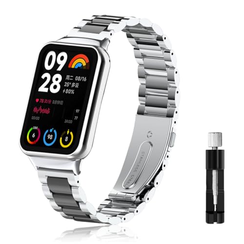 LanQii Armband Kompatibel mit Xiaomi Smart Band 8 Pro/Xiaomi Band 8 Pro, Edelstahl Metall Ersatz Uhrenarmband Damen Herren Ersatzarmband für Xiaomi Smart Band 8 Pro/Xiaomi Band 8 Pro -Silber/Schwarz von LanQii