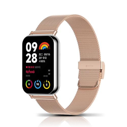 LanQii Armband Kompatibel mit Xiaomi Smart Band 8 Pro/Xiaomi Band 8 Pro, Uhrenarmband Edelstahl Metall Armbänder Damen Herren Ersatzarmband für Xiaomi Band 8 Pro -Roségold von LanQii