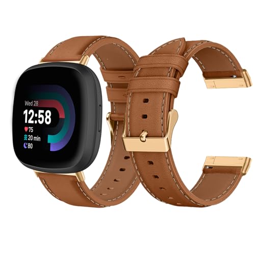 LanQii Lederarmband Kompatible mit Fitbit Versa 4/Fitbit Versa 3/Fitbit Sense 2/Fitbit Sense, Damen und Herren Leder Uhrenarmband Ersatzarmbänder für Fitbit Versa 4/Versa 3/Sense 2/Sense, Braun von LanQii