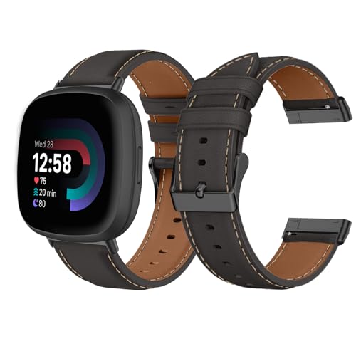 LanQii Lederarmband Kompatible mit Fitbit Versa 4/Versa 3, Fitbit Sense 2/Sense, Damen und Herren Leder Uhrenarmband Ersatzarmbänder, Schwarz von LanQii