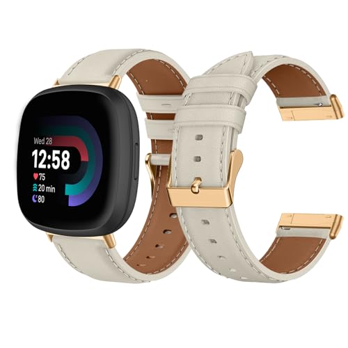 LanQii Lederarmband Kompatible mit Fitbit Versa 4/Fitbit Versa 3/Fitbit Sense 2/Fitbit Sense, Damen und Herren Leder Uhrenarmband Ersatzarmbänder für Fitbit Versa 4/Versa 3/Sense 2/Sense, Weiß von LanQii