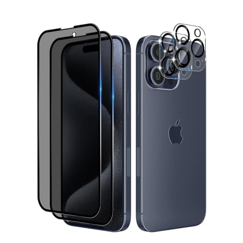 LanQii Schutzfolie Kompatibel mit iPhone 15 Pro, [2+2 Stück] Privacy Displayschutzfolie + Kameraschutz Panzerfolie, 9H Härte Anti-Kratzen Anti-Spy Film für iPhone 15 Pro von LanQii