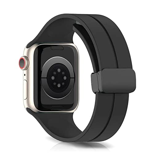 LanQii Silikon Armband Kompatibel mit Apple Watch Series 9 41mm, für iWatch 41/40/38mm, Sport Ersatzarmband Magnetverschluss Uhrenarmbänder für Apple Watch SE/SE 2/Series 9/8/7/6/5/4/3/2/1 -Schwarz von LanQii