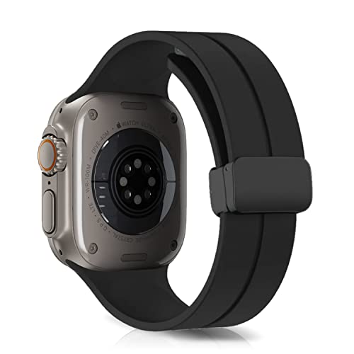 LanQii Silikon Armband Kompatibel mit Apple Watch Ultra/Ultra 2 49mm, für iWatch 49/45/44/42mm, Sport Ersatzarmband Magnetverschluss Uhrenarmbänder für iWatch SE/SE 2/Series 9/8/7/6/5/4/3/2/1 -Schwarz von LanQii