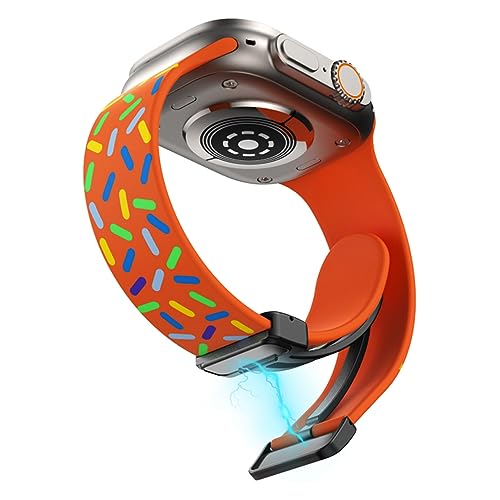 LanQii Silikon Armband Kompatibel mit Apple Watch Ultra/Ultra 2 49mm, iWatch 49/45/44/42mm, Ersatzarmband Magnetverschluss Uhrenarmbänder für iWatch SE/SE 2/Series 9/8/7/6/5/4/3/2/1 -Orange/Regenbogen von LanQii