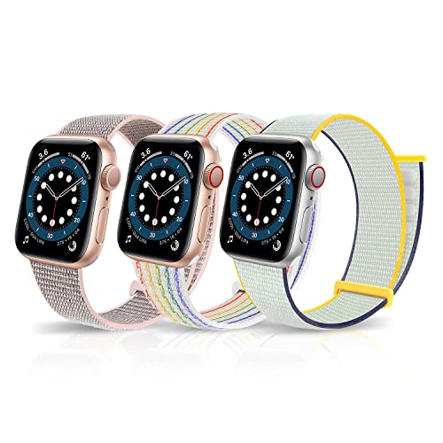 LanQii Solo Loop Nylon Armband Kompatibel mit Apple Watch Series 9 41mm, für iWatch 41/40/38mm, Sport Geflochtenes Ersatzarmband für Apple Watch SE/SE 2/Series 9/8/7/6/5/4/3/2/1 Rosa+Weiß+Regenbogen von LanQii