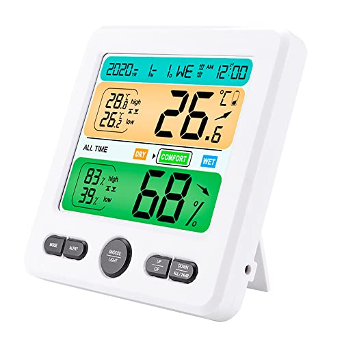 Lancoon Digitales Thermometer Hygrometer, Indoor Wecker Raumtemperatur Feuchtigkeitsmonitor Wetterstation mit Farbalarm Prompt Großen LCD Bildschirm für Home Schlafzimmer Büro(Weiß) von Lancoon