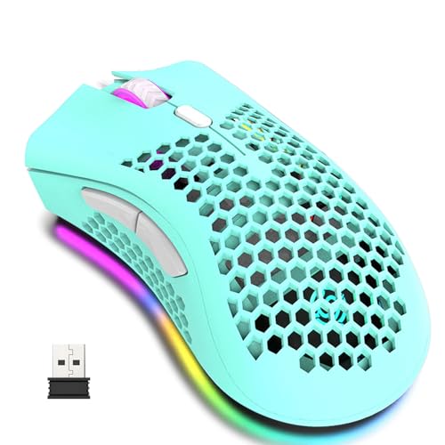 Lancoon Kabellose Gaming Maus mit Wabenförmige Hohle Schale Bunte Beleuchtung Optischer Sensor Wiederaufladbar 3 Einstellbare DPI Leisem klick für Gamer Computer Büro (Grün) von Lancoon