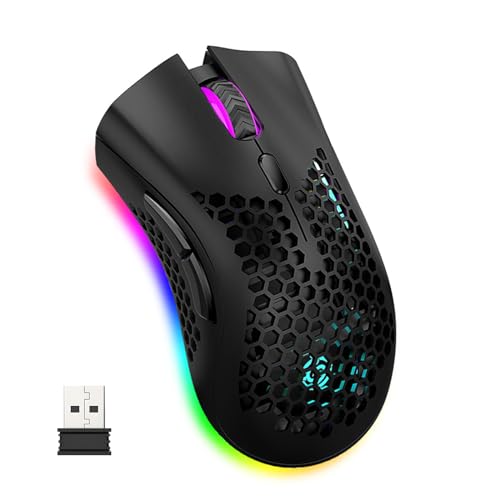 Lancoon Kabellose Gaming Maus mit Wabenförmige Hohle Schale Bunte Beleuchtung Optischer Sensor Wiederaufladbar 3 Einstellbare DPI Leisem klick für Gamer Computer Büro (Schwarz) von Lancoon