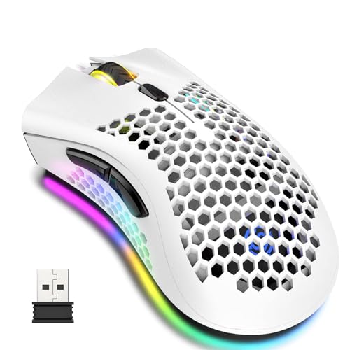 Lancoon Wiederaufladbare Kabellose Maus mit Wabenförmige Hohle Schale Bunte Beleuchtung Optischer Sensor 3 Einstellbare DPI Leisem klick Gaming für Gamer Computer Büro (Weiß) von Lancoon