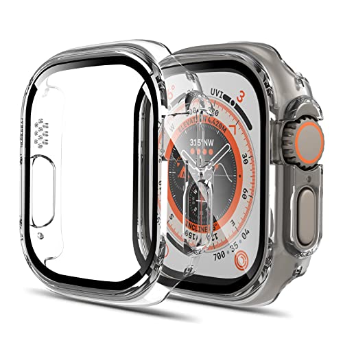 Landhoo 2 Stück Hülle für Apple Watch Series 9/8 Ultra 49 mm Displayschutzfolie mit gehärtetem Glas, harter PC HD Full Cover Schutzhülle iWatch von Landhoo