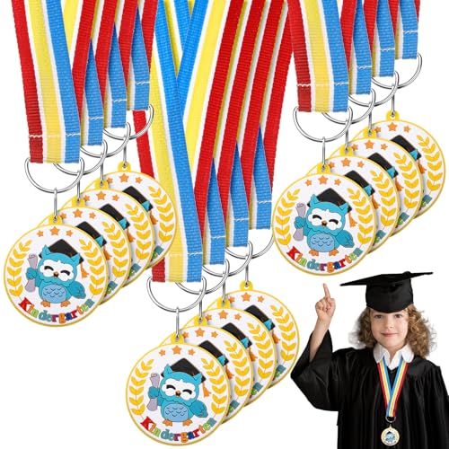 Landical 12 Stück Kindergarten Vorschule Kinder 5,1 cm Abschlussmedaille mit Regenbogen-Halsband, Auszeichnungsmedaillon für Studenten, Abschluss, Geschenk, Partyzubehör (Eule) von Landical