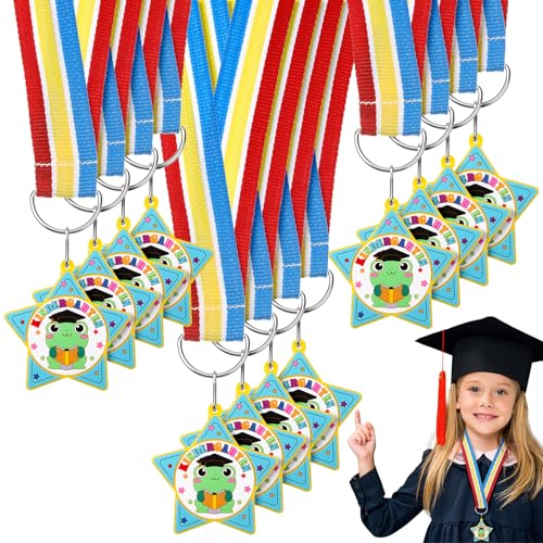 Landical 12 Stück Kindergarten-Vorschulkinder 5,1 cm Abschlussmedaille mit Regenbogen-Halsband, Auszeichnungsmedaillon für Studenten, Abschluss, Geschenk, Partyzubehör (Frosch) von Landical