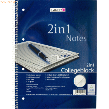 10 x Landre Collegeblock Duo A4+ 80 Blatt 70 g/qm liniert und kariert, von Landre